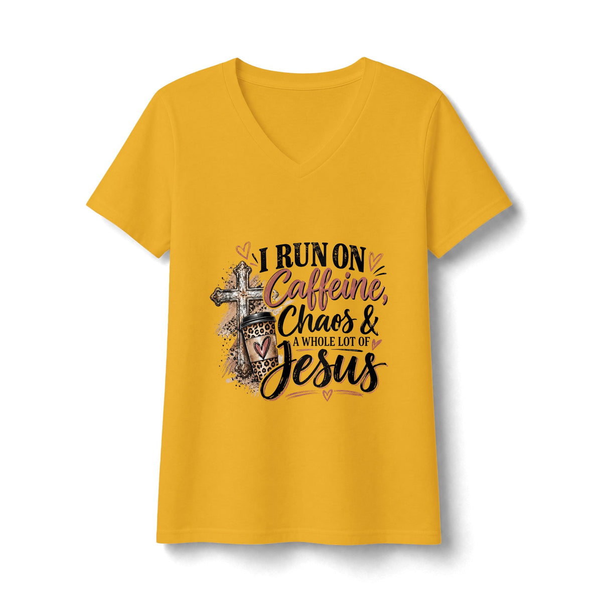 Women's V-Neck Tee - "I Run on Caffeine, Chaos & a Whole Lot of Jesus" Christian Graphic Shirt