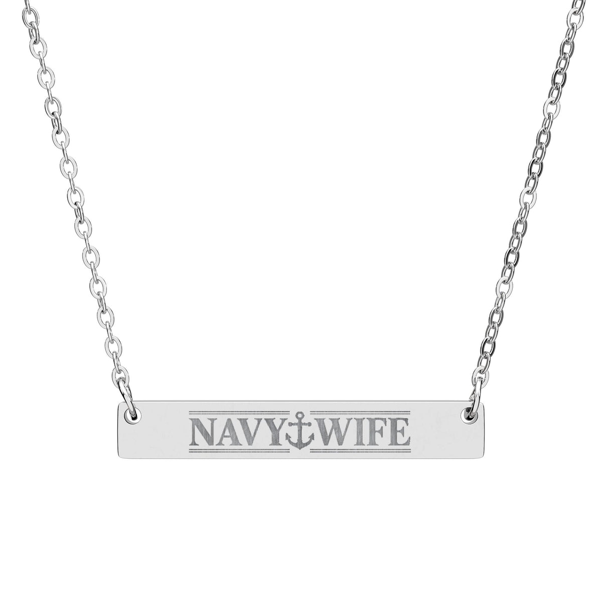 Navy Wife Engraved Bar Necklace — Personalized Military Anchor Pendant