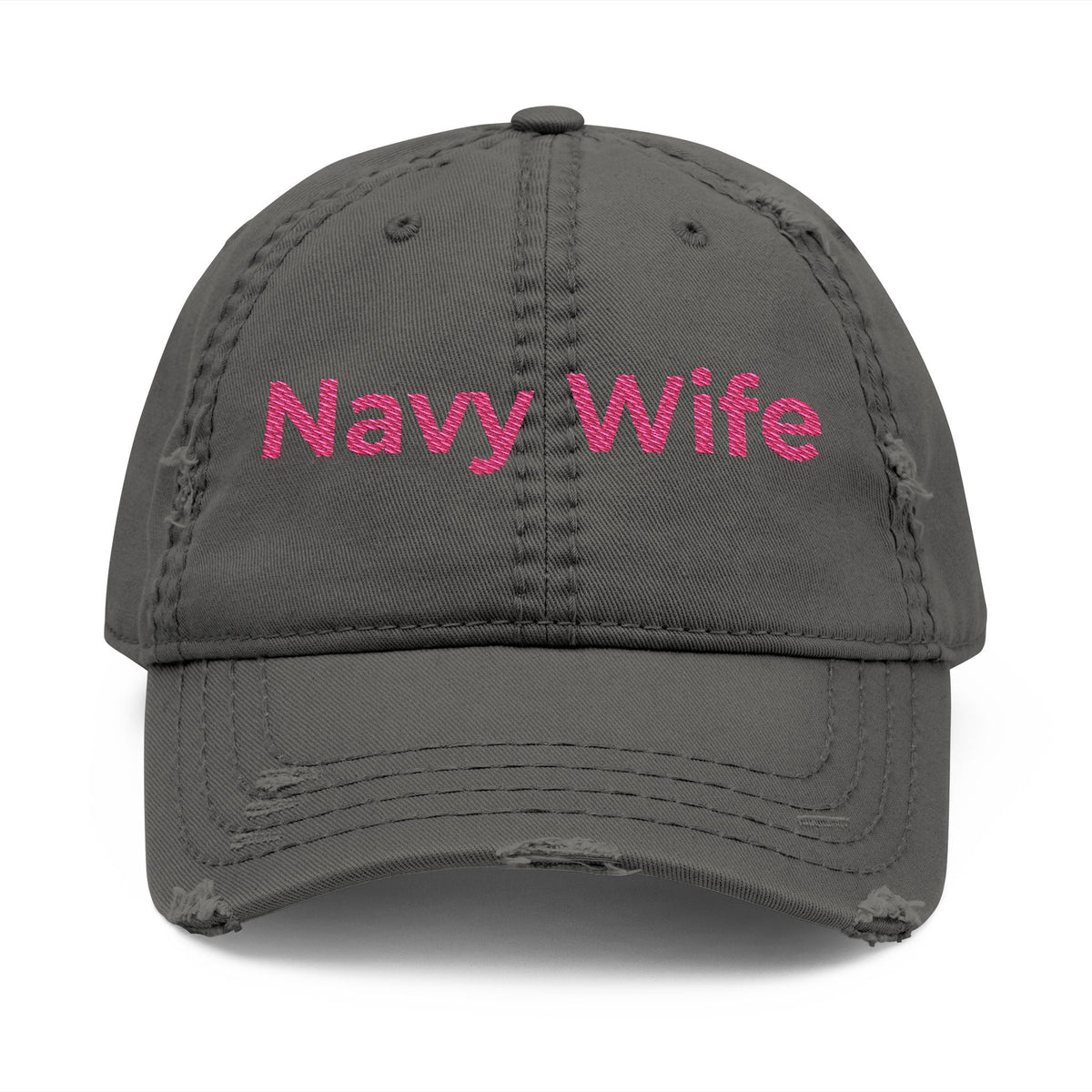 Navy Wife Distressed Dad Hat - Embroidered Pink Text