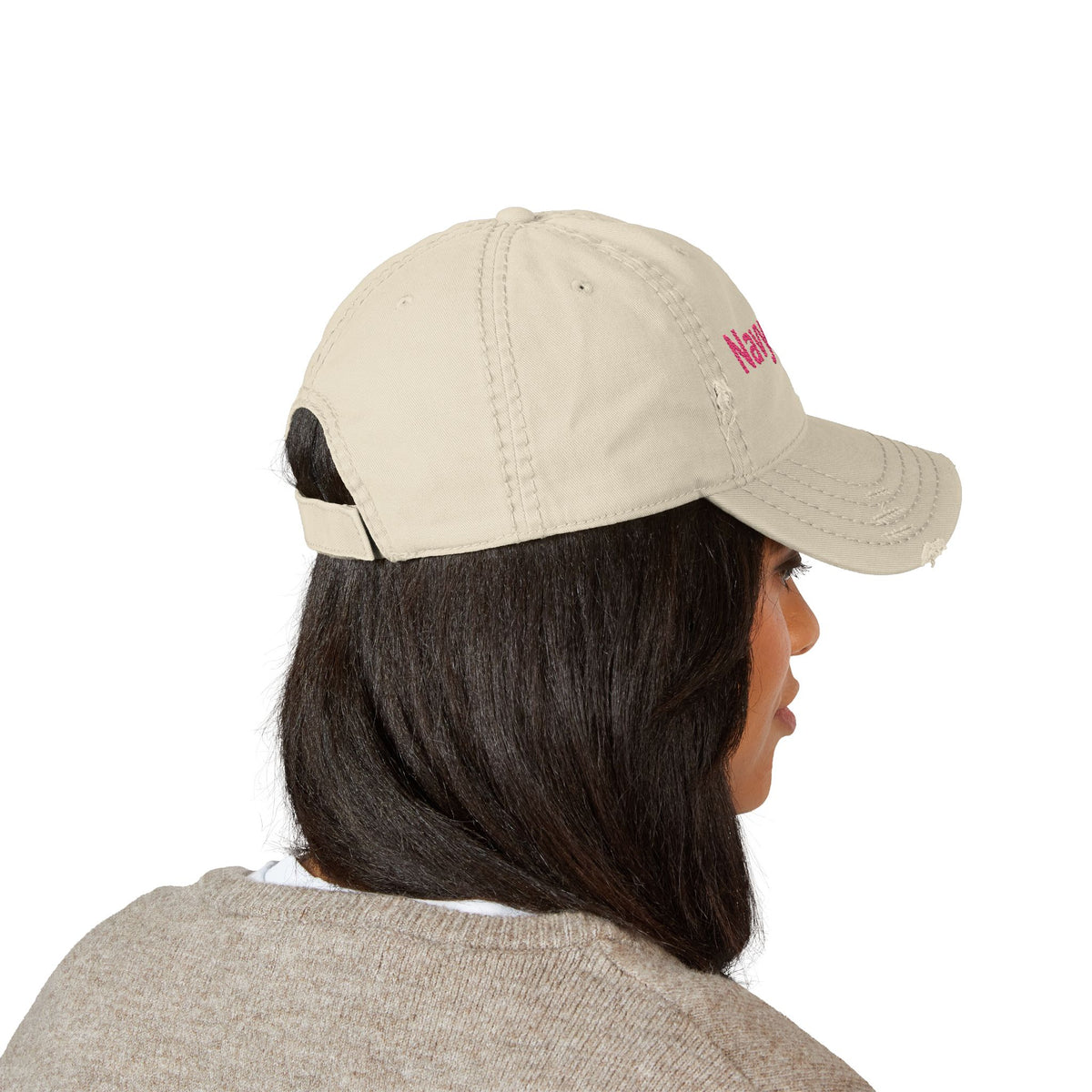 Navy Wife Distressed Dad Hat - Embroidered Pink Text