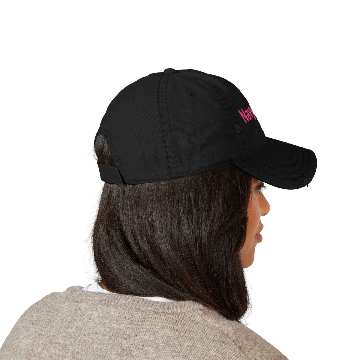 Navy Wife Distressed Dad Hat - Embroidered Pink Text