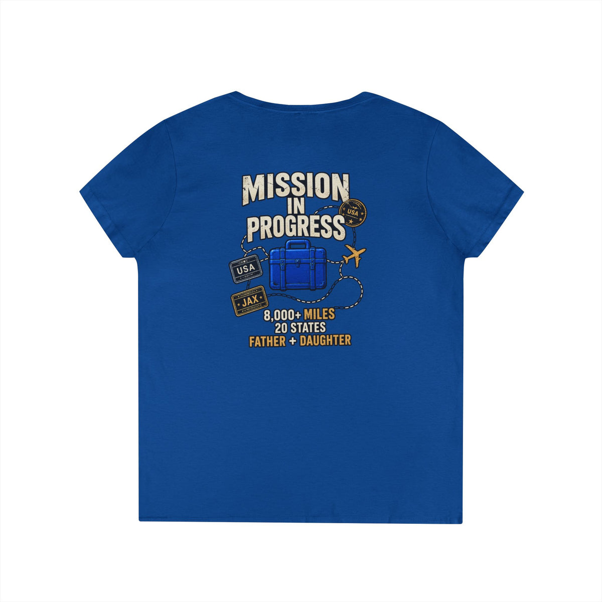The Pursuit Mission in Progress V-Neck Tee — Travel Packing Graphic