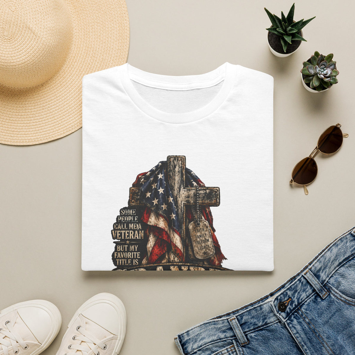 Grandpa Veteran T-Shirt – American Flag Cross Memorial Gift