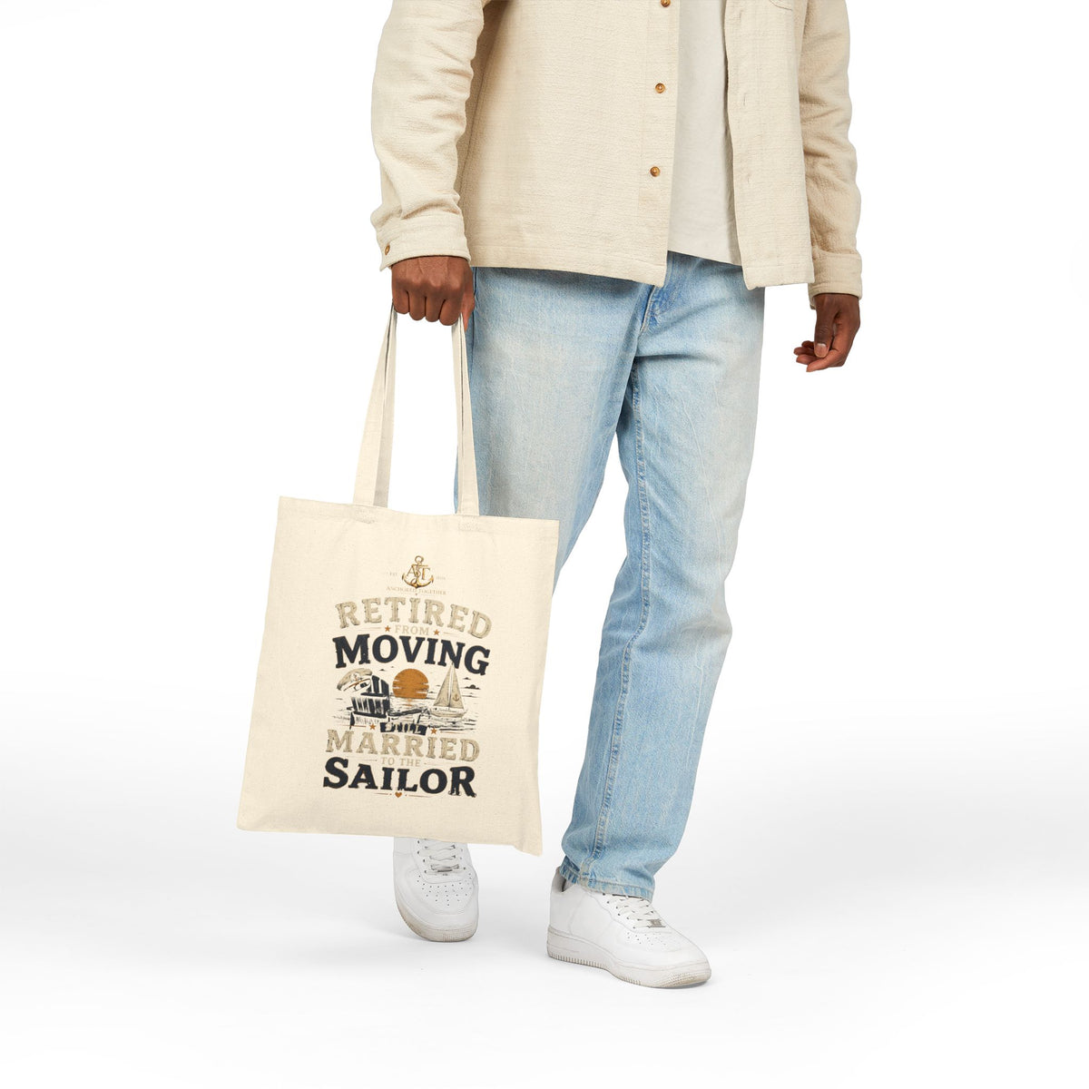 Tote Bag — "Retired Moving Married Sailor" Canvas Tote for Retired Navy & Marine Life, Beachy Retirement Gift