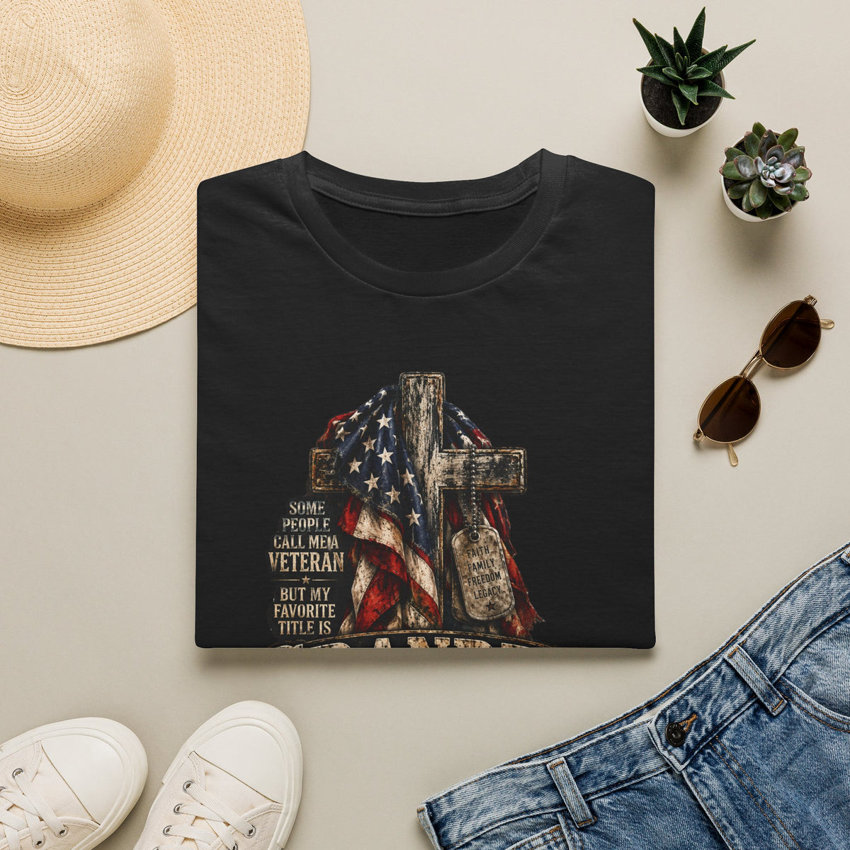 Grandpa Veteran T-Shirt – American Flag Cross Memorial Gift