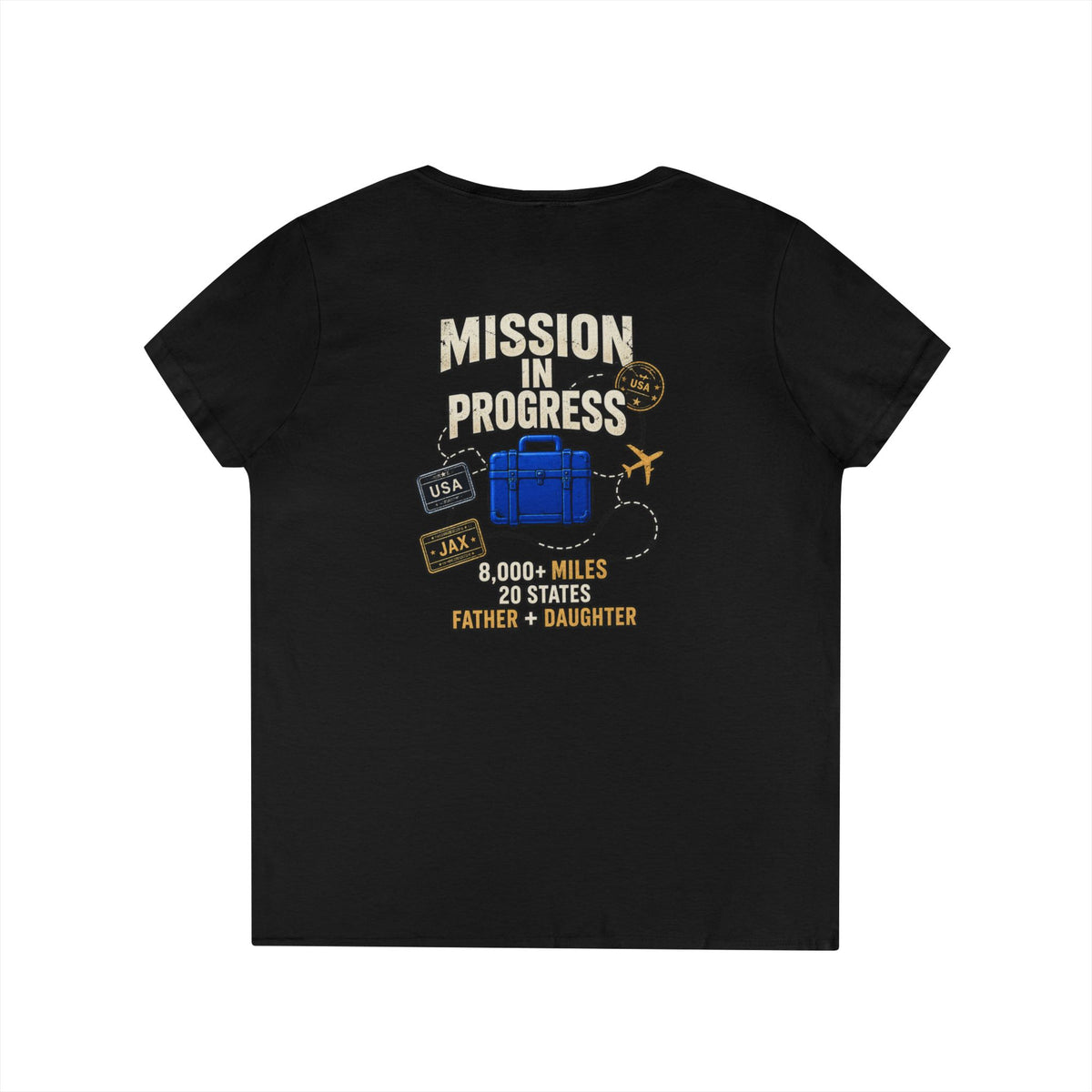 The Pursuit Mission in Progress V-Neck Tee — Travel Packing Graphic