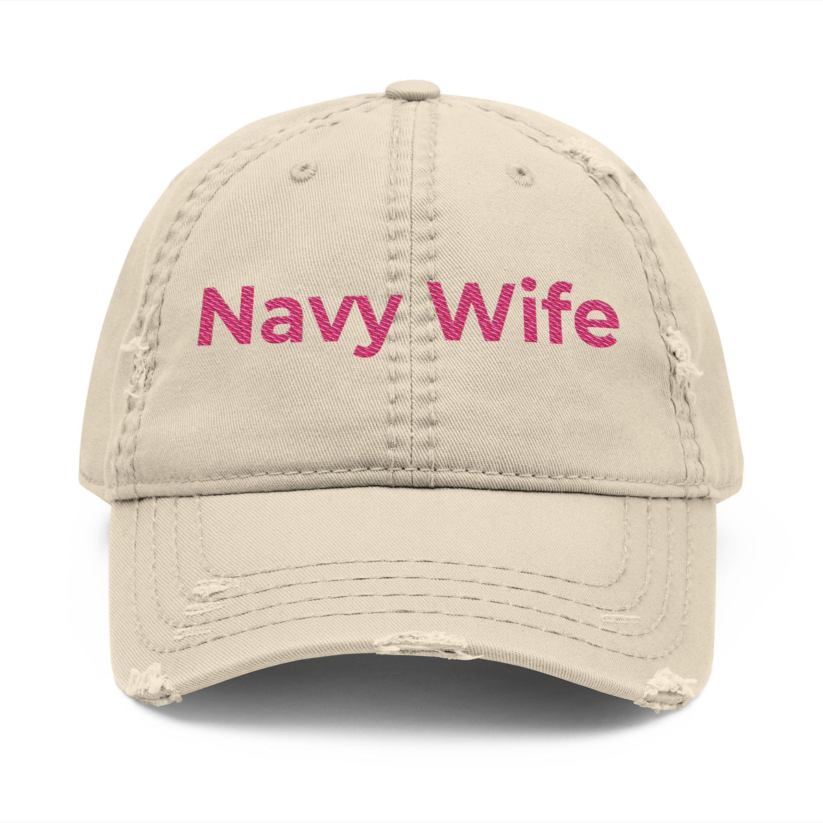 Navy Wife Distressed Dad Hat - Embroidered Pink Text