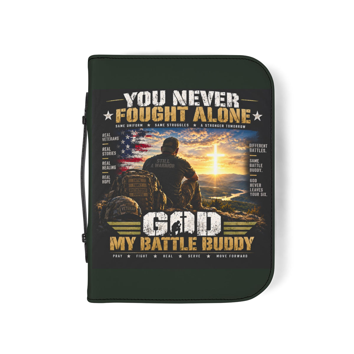 Bible Cover — "You Never Fought Alone / God My Battle Buddy" Christian Zip Bible Case