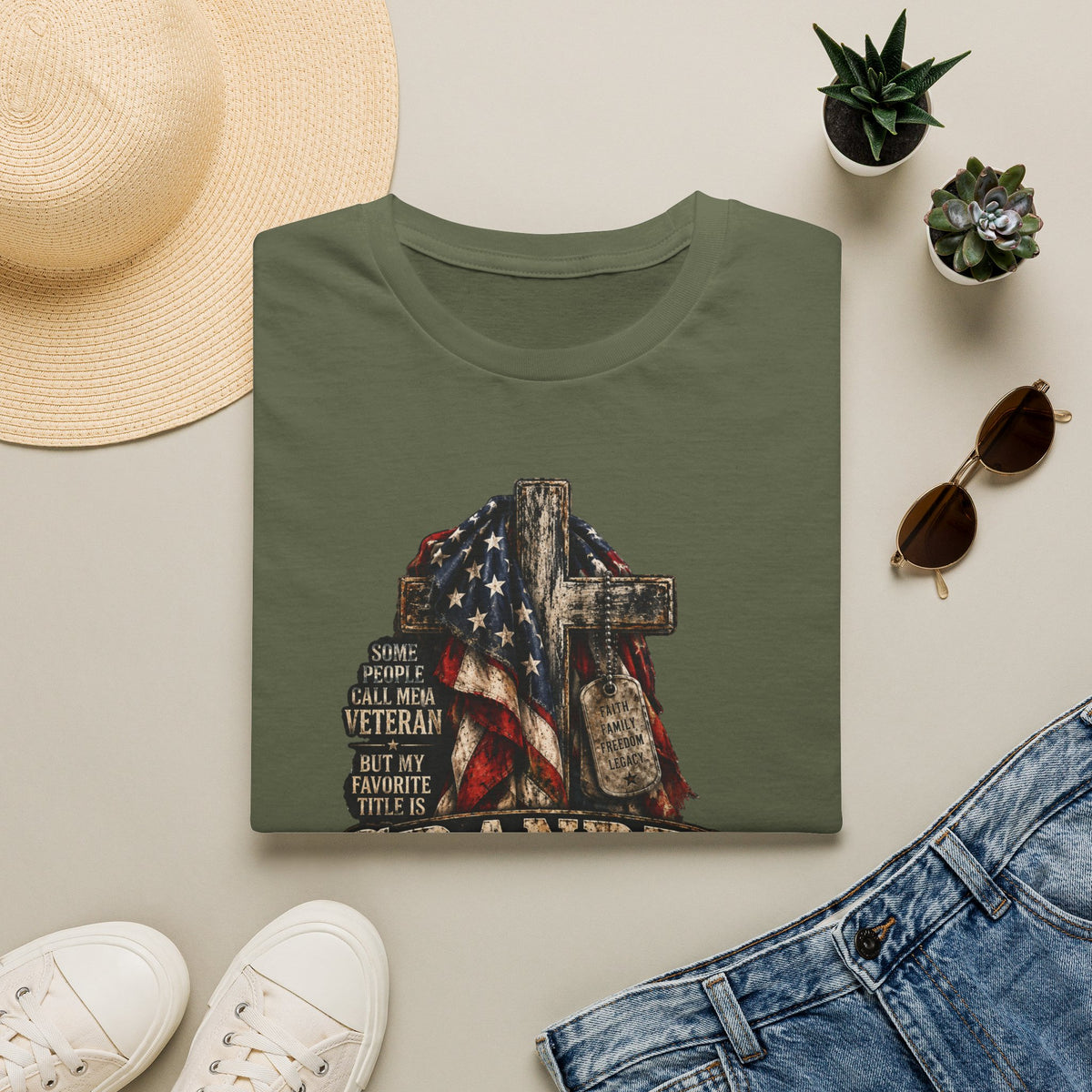 Grandpa Veteran T-Shirt – American Flag Cross Memorial Gift
