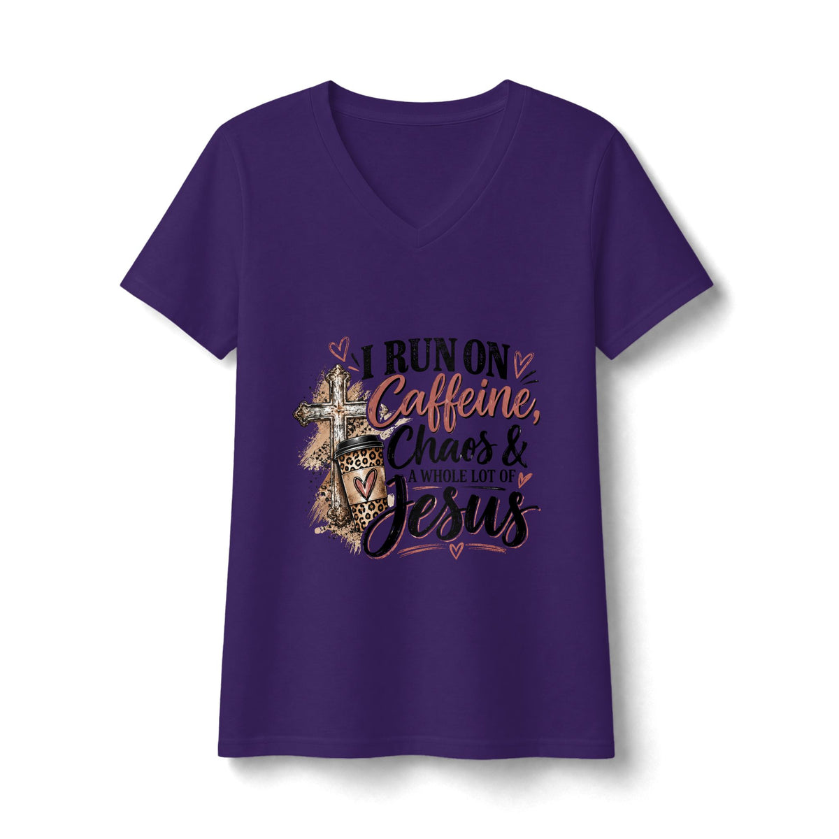 Women's V-Neck Tee - "I Run on Caffeine, Chaos & a Whole Lot of Jesus" Christian Graphic Shirt
