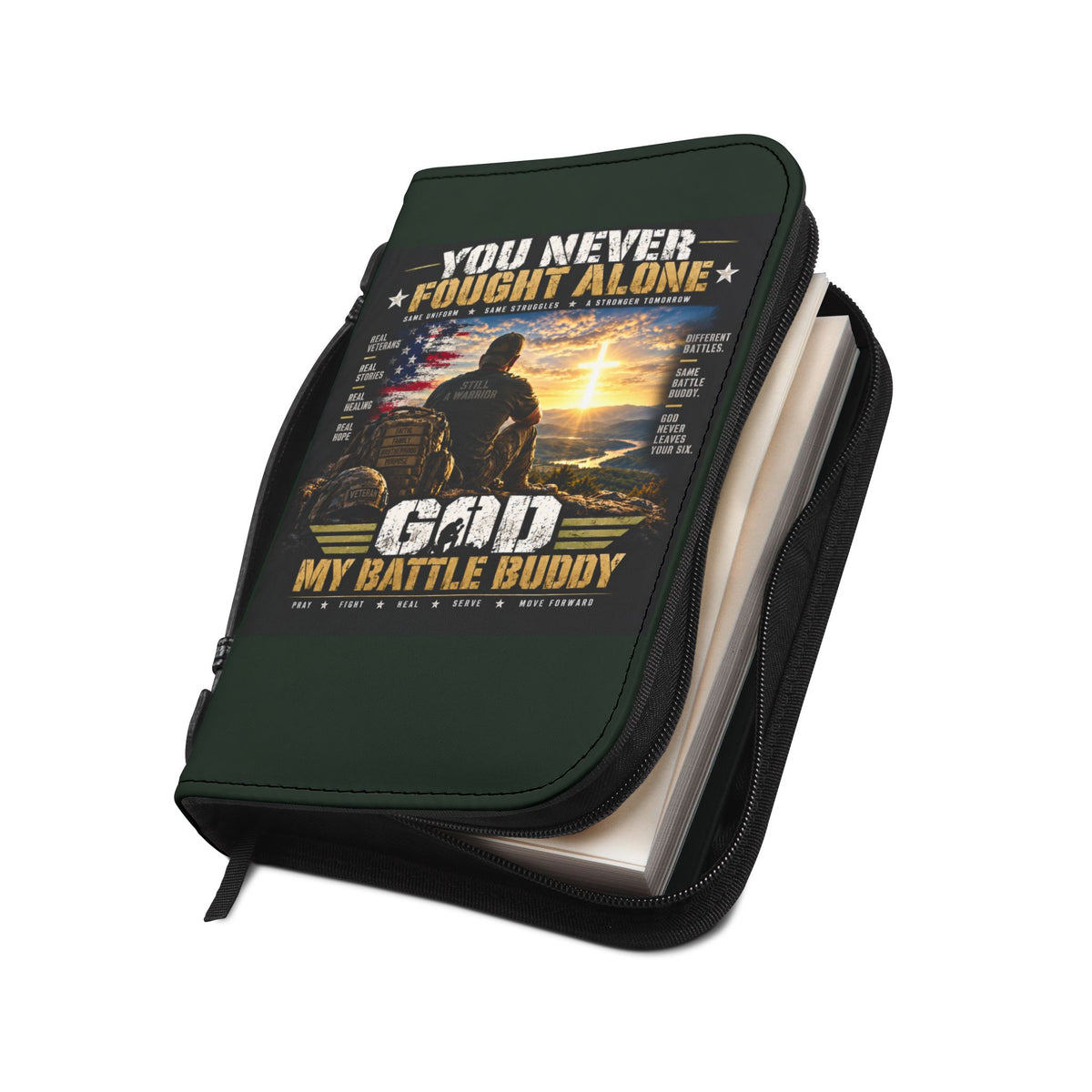 Bible Cover — "You Never Fought Alone / God My Battle Buddy" Christian Zip Bible Case