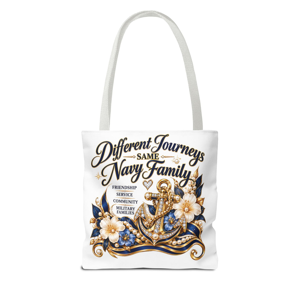 Navy Wives Club Tote Bag — 'Different Journeys, Same Navy Family' AOP Tote