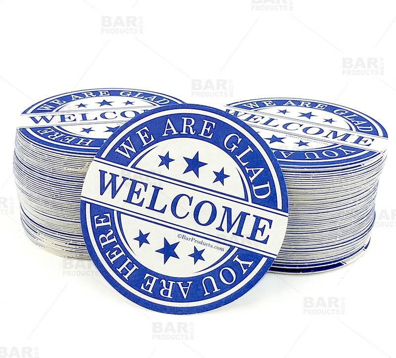 Round Drink Coasters "We Are Glad You Are Here" 3.5 inch Diameter - Pack of 250